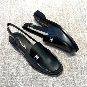 CHANEL REV Crystal CC Logo Leather Slingback Flat Loafers Shoes Sandals